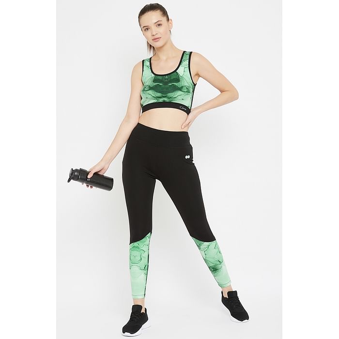 

Clovia Snug Fit Active Marble Print Ankle-Length Tights in Black - AB0022A17, Dark green