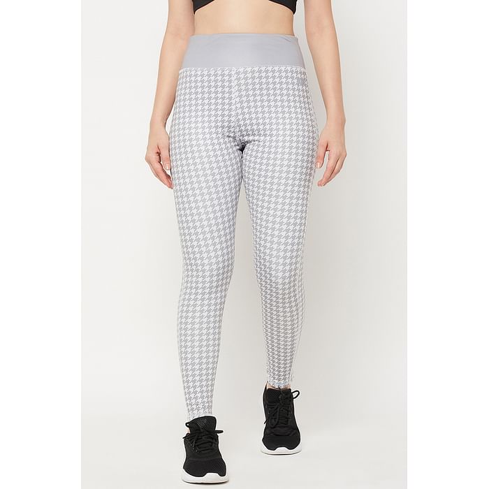 

Clovia Snug Fit High-Rise Houndstooth Print Active Tights in Grey - AB0042C01, Light grey