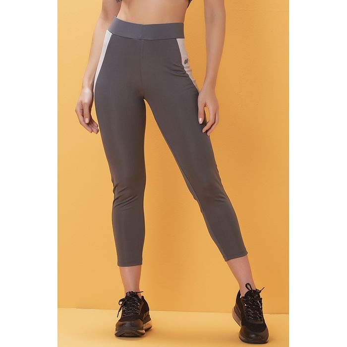 

Clovia Snug Fit Active Tights in Grey with Reflective Sticker on Black Panels - AB0042S05, Dark grey