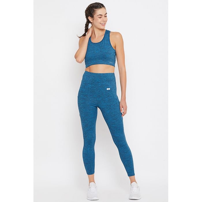

Clovia Snug Fit Active High-Waist Ankle-Length Tights in Blue Melange - AB0048P08, Navy