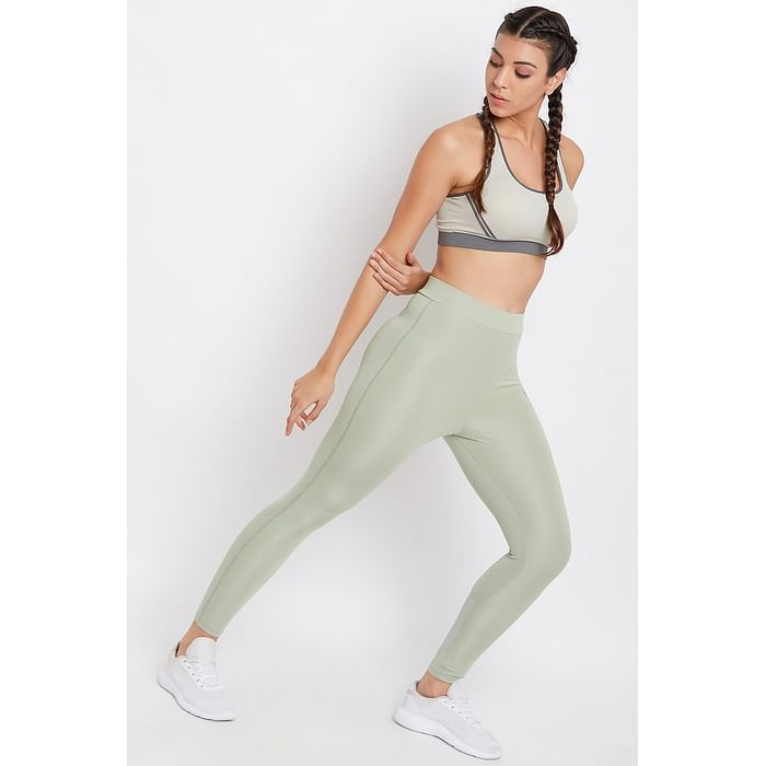 

Clovia Snug Fit Active Ankle-Length Tights in Sage Green with Reflector Stripes - AB0049A11, Light green