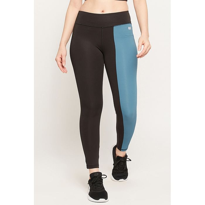 

Clovia Snug Fit Active High-Rise Ankle-Length Colourblock Tights in Black - AB0053A13