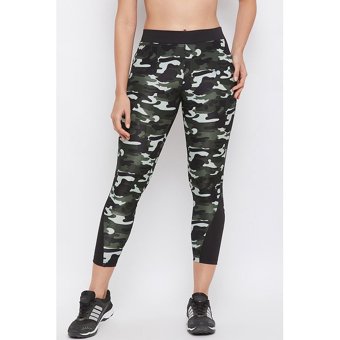 

Clovia Camouflage Print Activewear Ankle Length Tights in Olive Green - AB0057P17, Dark green
