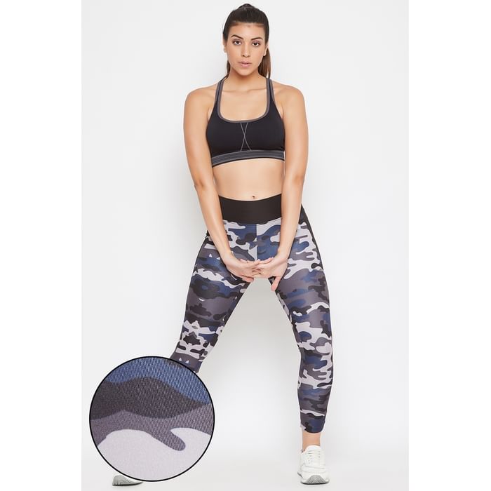 

Clovia Snug Fit Active Camouflage Print Ankle-Length Tights in Grey - AB0058P05, Dark grey