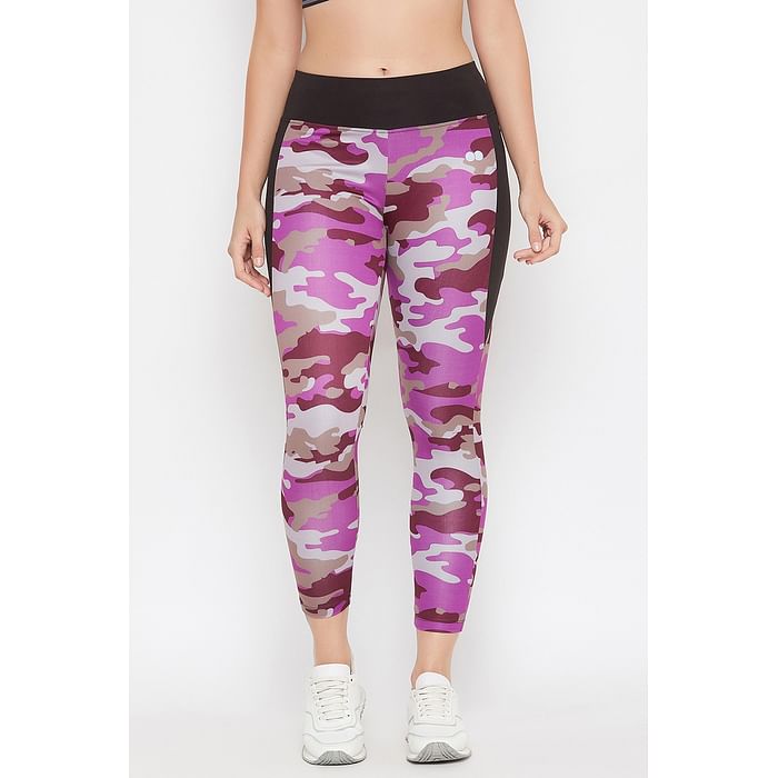 

Clovia Snug Fit Active Camouflage Print Ankle-Length Tights in Purple - AB0058P22, Light pink