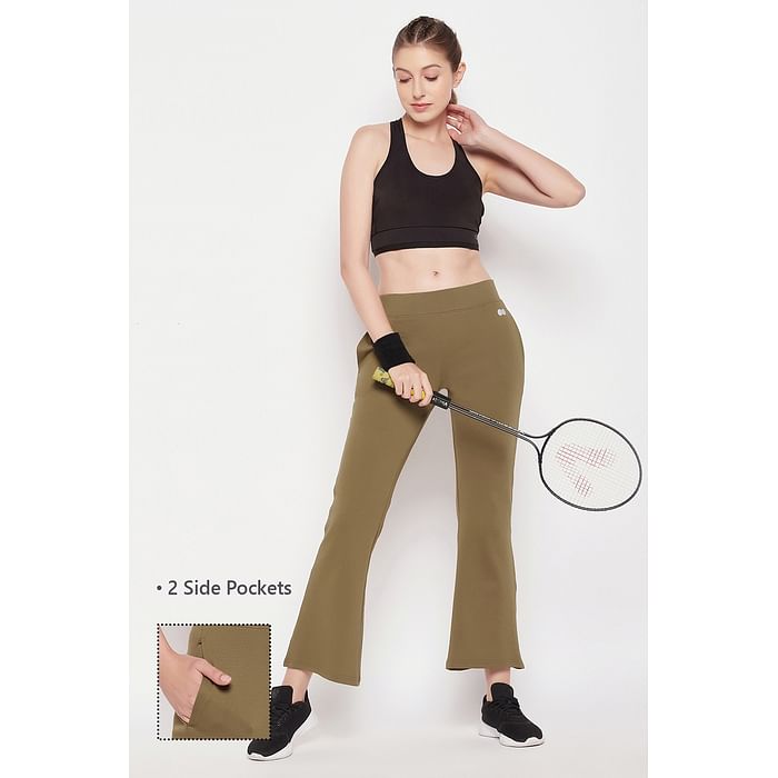 

Clovia Comfort Fit High-Rise Flared Yoga Pants in Olive Green with Side Pockets - AB0114P17, Dark green