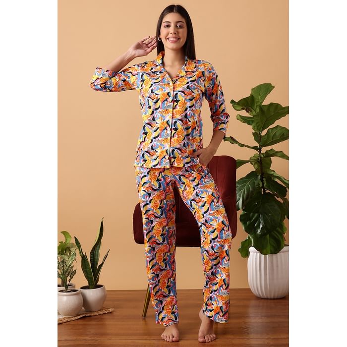 

Clovia Abstract Print Button Down Shirt & Pyjama Set in Multicolour - 100% Cotton - LS0585P19