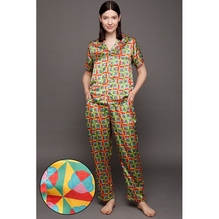 

Clovia Abstract Print Button Down Shirt & Pyjama Set in Multicolour - Satin - LS0385N19