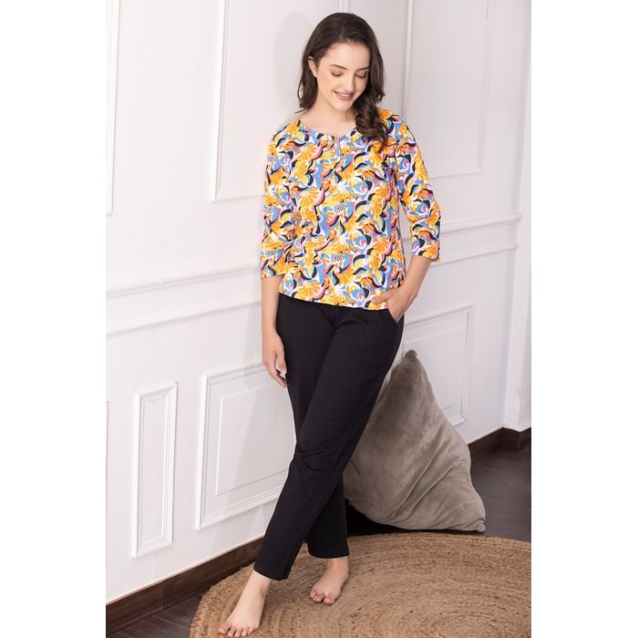 

Clovia Abstract Print Top in Multicolour & Chic Basic Pyjama Set in Black - 100% Cotton - LS0644P19