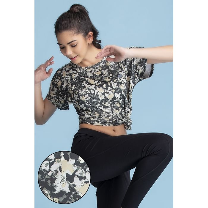 

Clovia Activewear Printed T-Shirt in Olive Green - AT0124P02, Light yellow