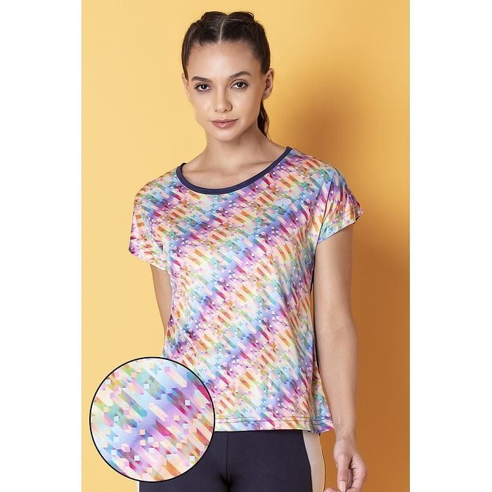 

Clovia Comfort Fit Active Printed T-shirt in Rainbow-Colour - AT0130P08, Navy