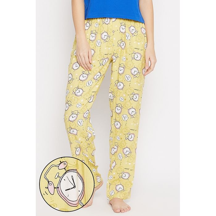 

Clovia Alarm Clock Print Pyjama in Yellow - Rayon - LB0198A02, Light yellow