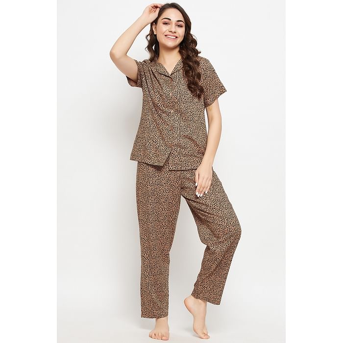 

Clovia Animal Print Button Down Shirt & Pyjama Set in Nude Colour - Rayon - LS0385G24