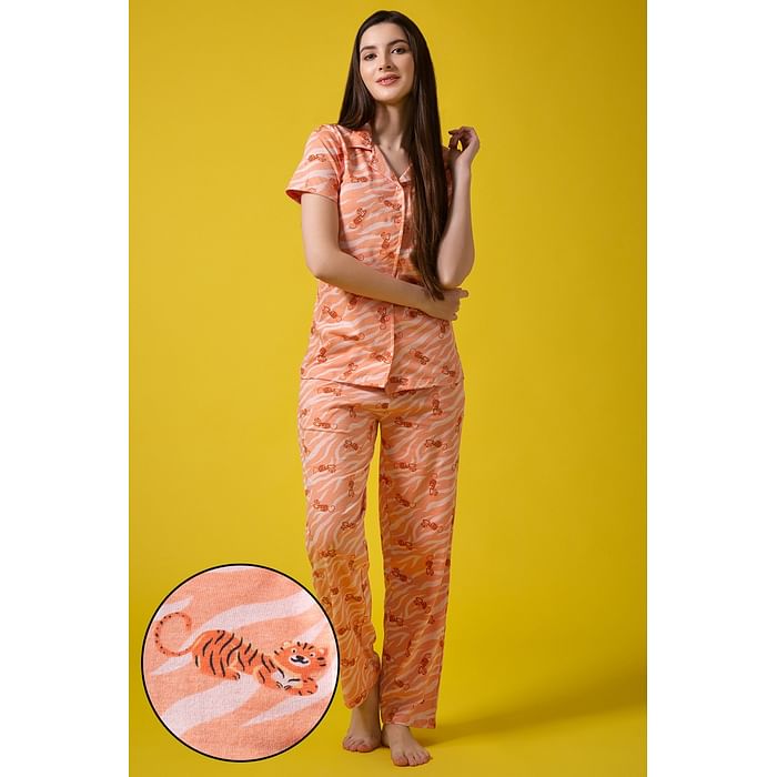 

Clovia Tiger Print Button Down Shirt & Pyjama Set in Peach Colour - 100% Cotton - LS0025D34