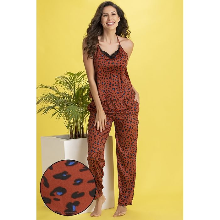 

Clovia Animal Print Cami Top & Pyjama Set in Brown - Satin - LS0569P06