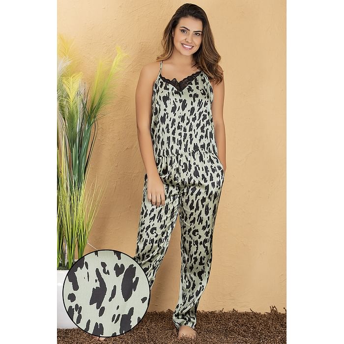 

Clovia Animal Print Cami Top & Pyjama Set in Light Green - Satin - NS1314R11