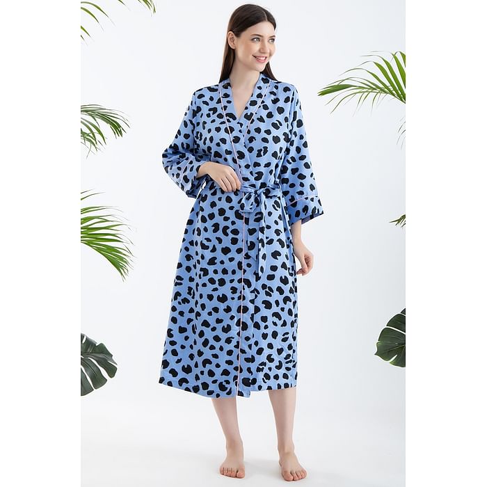 

Clovia Animal Print Robe in Powder Blue - Satin - NS1462P03, Light blue