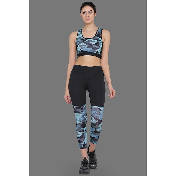 

Clovia Medium Impact Padded Sports Bra & Tights in Blue & Black - AS0022P05, Dark grey