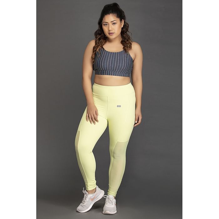 

Clovia Medium Impact Padded Striped Sports Bra & Tights in Dark Grey & Neon Green - AS0043P11, Light green