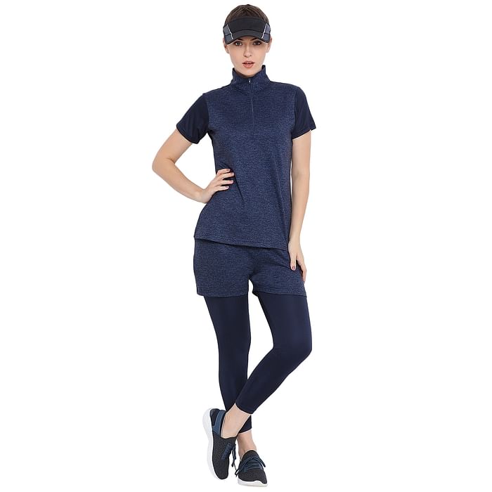 

Clovia Navy Melange Gym/Sports Printed Activewear T-Shirt & Tights - AS0090P08