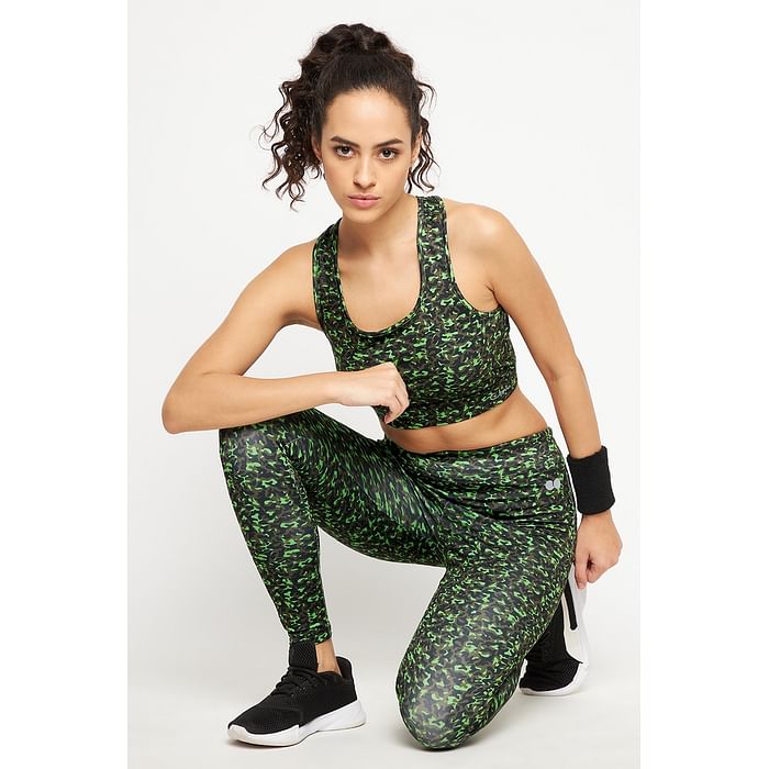 

Clovia Medium Impact Padded Camouflage Print Sports Bra & Snug Fit High-Rise Camouflage Print Tights in Green - ASC042B17, Dark green