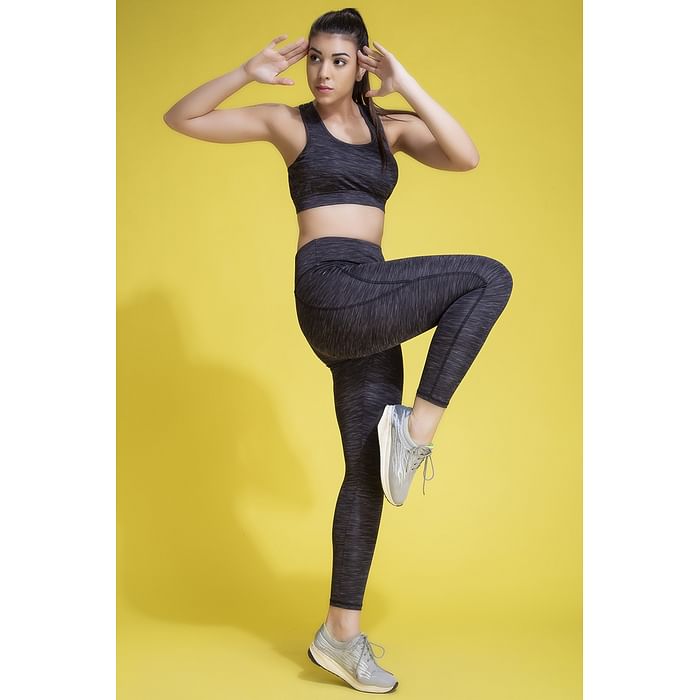 

Clovia Medium Impact Non-Wired Racerback Sports Bra & Snug Fit Active Tights in Black - ASC042K13