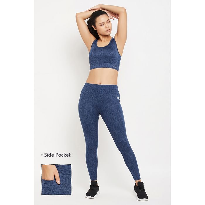 

Clovia Medium Impact Padded Active Sports Bra & High Rise Active Tights with Side Pocket in Navy Melange - ASC046P08