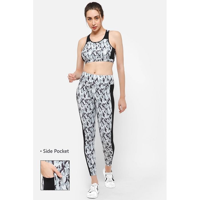 

Clovia Medium Impact Padded Printed Sports Bra & High Rise Active Tights with Side Pocket in White - ASC047F18