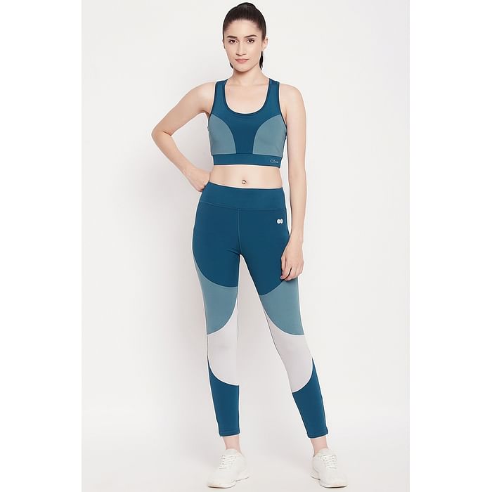 

Clovia Medium Impact Padded Colourblocked Sports Bra & High Rise Active Tights in Teal Blue - ASC050P36