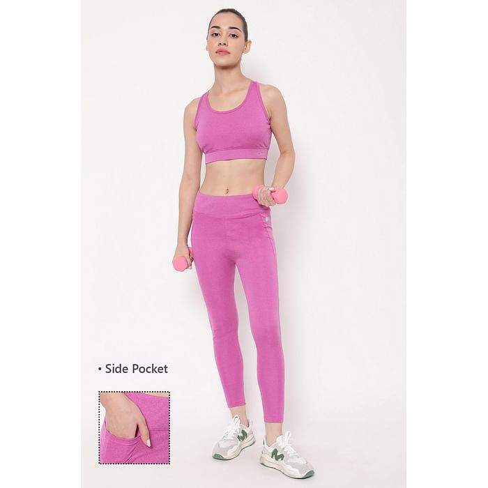 

Clovia Medium Impact Padded Active Sports Bra & High Rise Active Tights with Side Pocket in Magenta Melange - ASC060P14, Pink