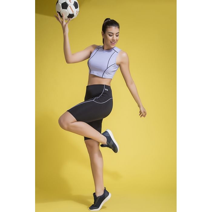 

Clovia Comfort-Fit Active Crop Top And Cycling Shorts in Purple and Black - ASC071P13