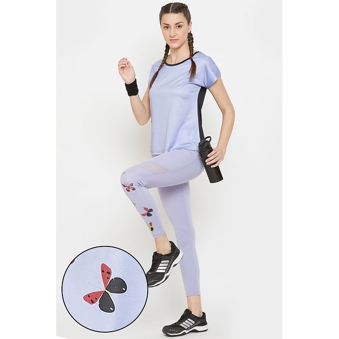 

Clovia Comfort Fit Butterfly Print Active T-shirt & Ankle-Length Tights in Lavender - ASC112P12
