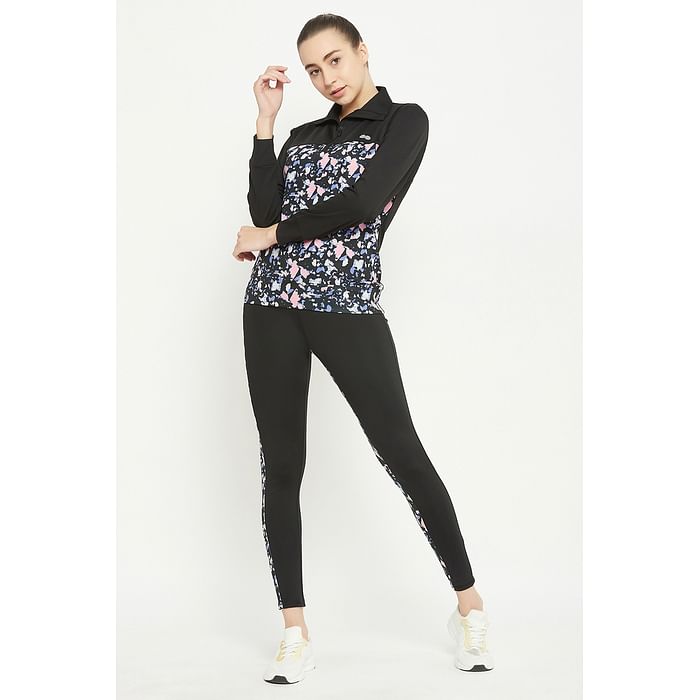 

Clovia Active Zipper T-shirt & High Rise Active Tights in Black with Printed Panels - ASC194A13