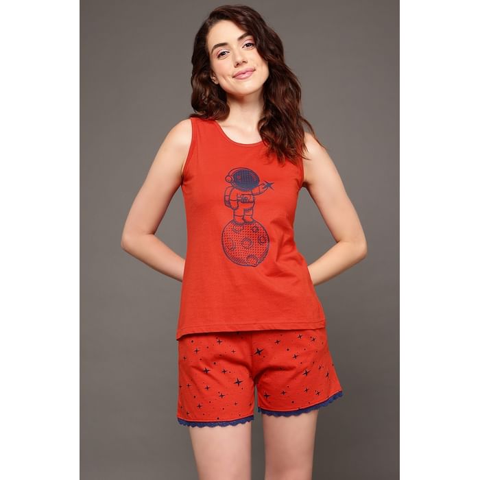 

Clovia Astronaut & Moon Print Top & Shorts Set in Red - 100% Cotton - LS0462A04
