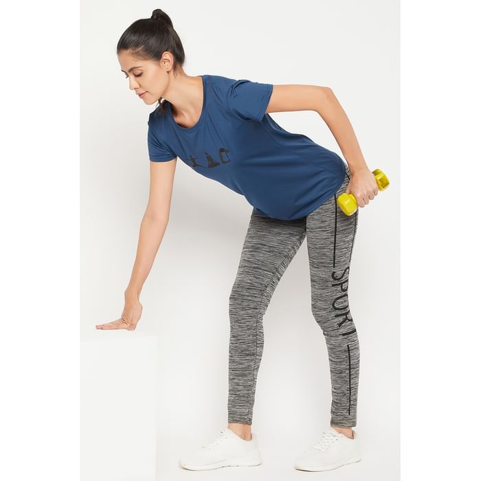 

Clovia Comfort-Fit Graphic Print Active T-shirt in Teal Blue - AT0112A36
