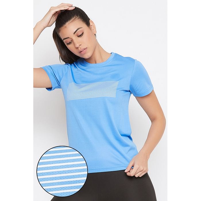 

Clovia Comfort Fit Reflector Stripes Active T-shirt in Light Blue - AT0112B03