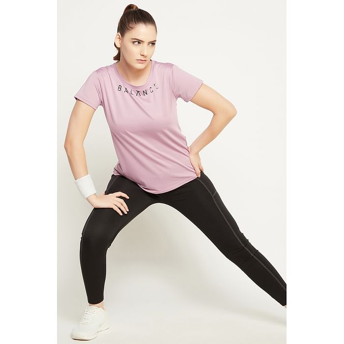 

Clovia Comfort-Fit Text Print Active T-shirt in Lavender - AT0112C14, Pink