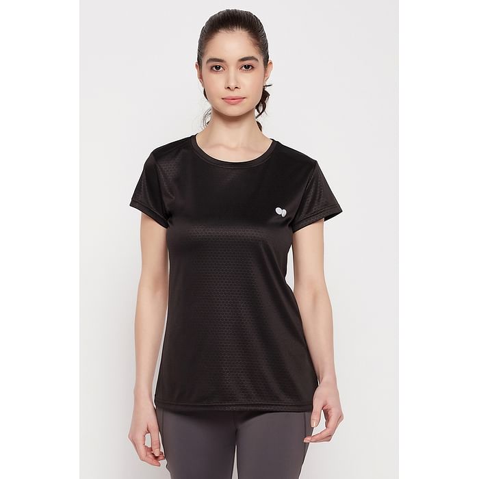 

Clovia Comfort Fit Honeycomb Patterned Active T-shirt in Black - AT0124D13