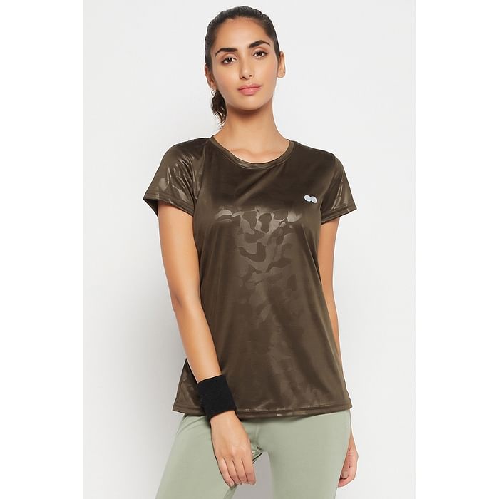 

Clovia Comfort Fit Camouflage Print Active T-shirt in Algae Green - at0124p17, Dark green