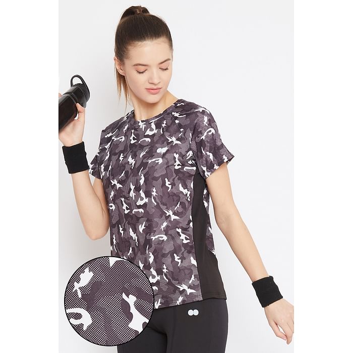 

Clovia Activewear Camouflage Print Top in Multicolour - AT0128P13, Black