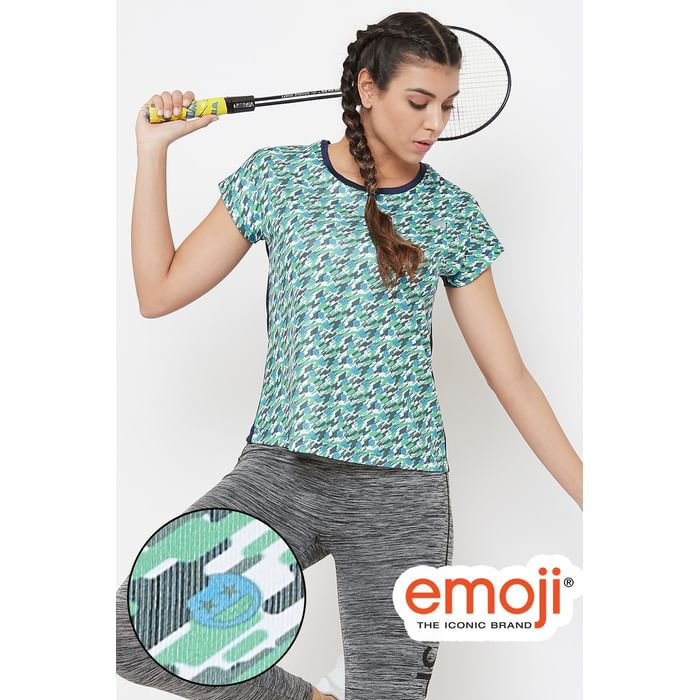 

Clovia Comfort Fit Active Emoji Print T-shirt in Teal - AT0130Q08, Navy