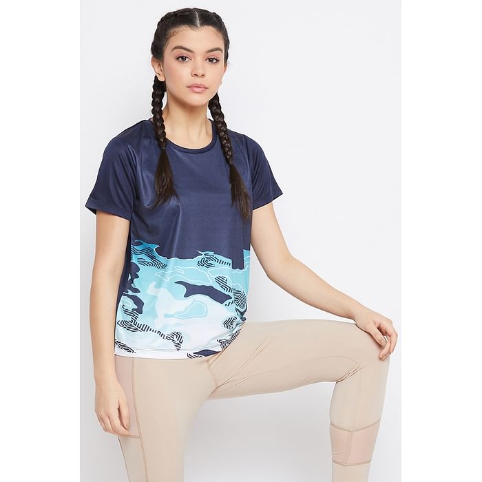 

Clovia Comfort Fit Active Abstract Print T-shirt in Navy - AT0130S08