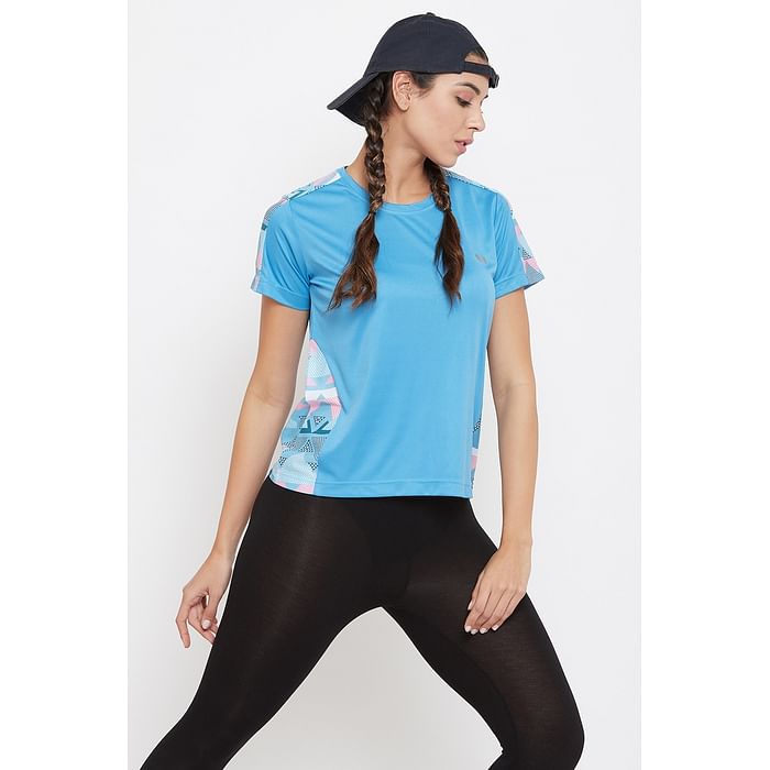 

Clovia Comfort Fit Active Printed T-shirt in Sky Blue - AT0135A08, Navy