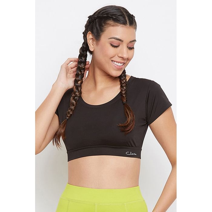 

Clovia Snug Fit Active Crop T-shirt in Black - AT0136P13