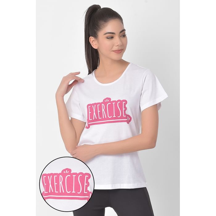 

Clovia Comfort-Fit Active Text Print T-shirt in White - AT0138A18