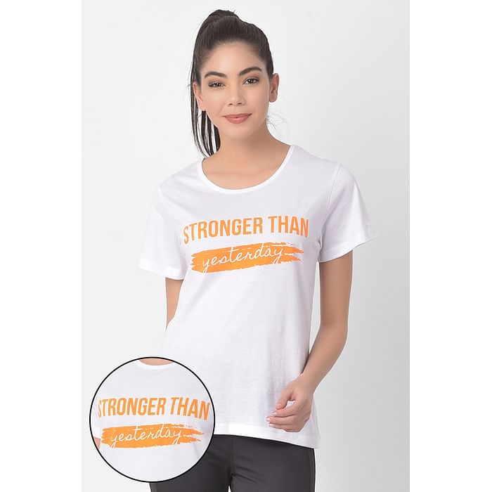 

Clovia Comfort-Fit Active Text Print T-shirt in White - AT0138Q18