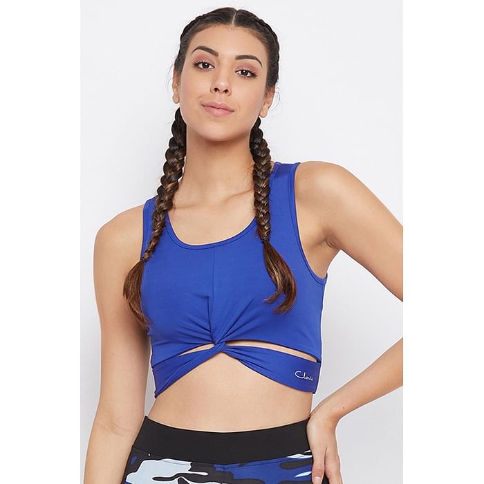 

Clovia Snug Fit Active Crop Top with Twist Knot in Blue - AT0139P08, Navy