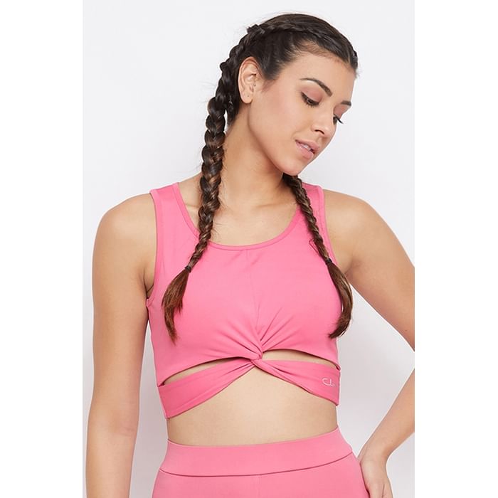 

Clovia Snug Fit Active Crop Top with Twist Knot in Baby Pink - AT0139P22, Light pink