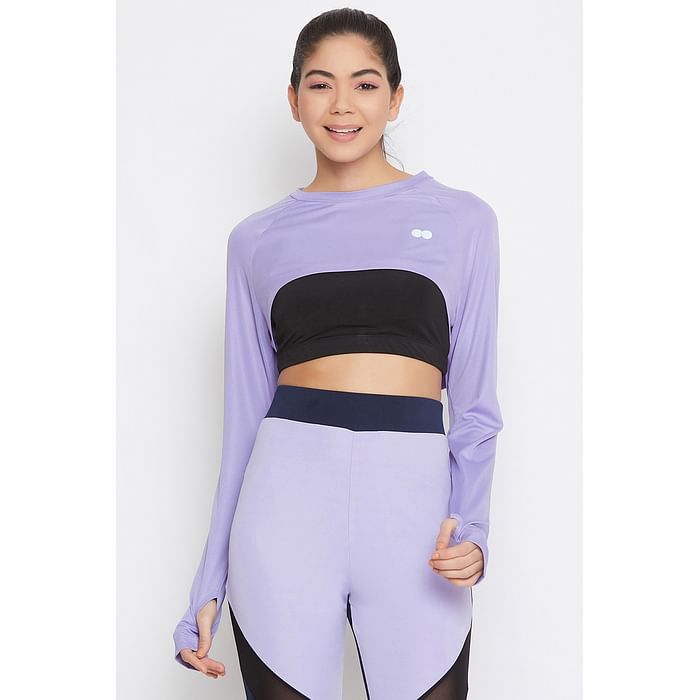 

Clovia Comfort Fit High-Low Sports Crop Top in Lavender - AT0142P12