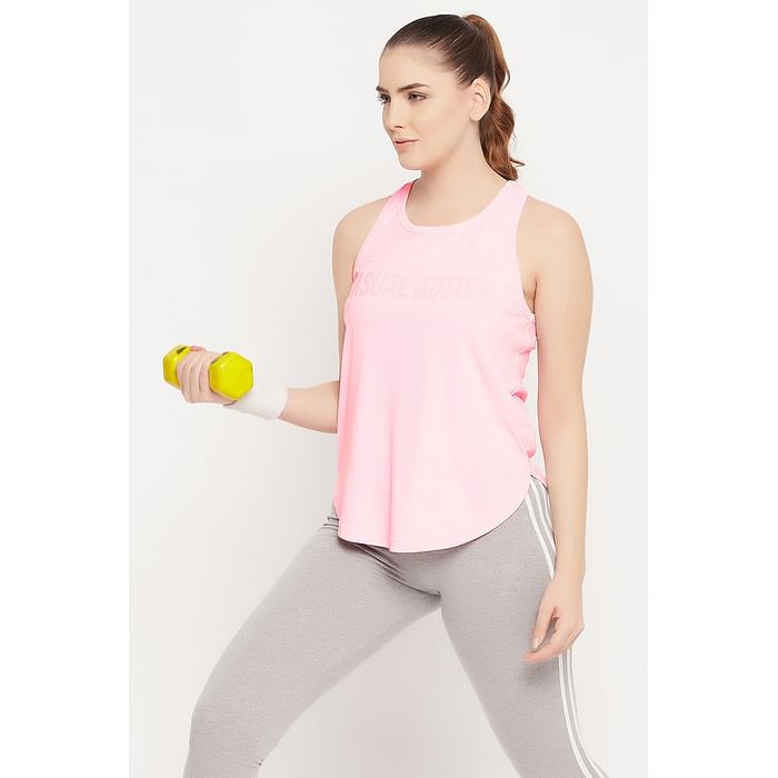 

Clovia Comfort Fit Text Print Active Tank Top in Baby Pink - AT0145A22, Light pink